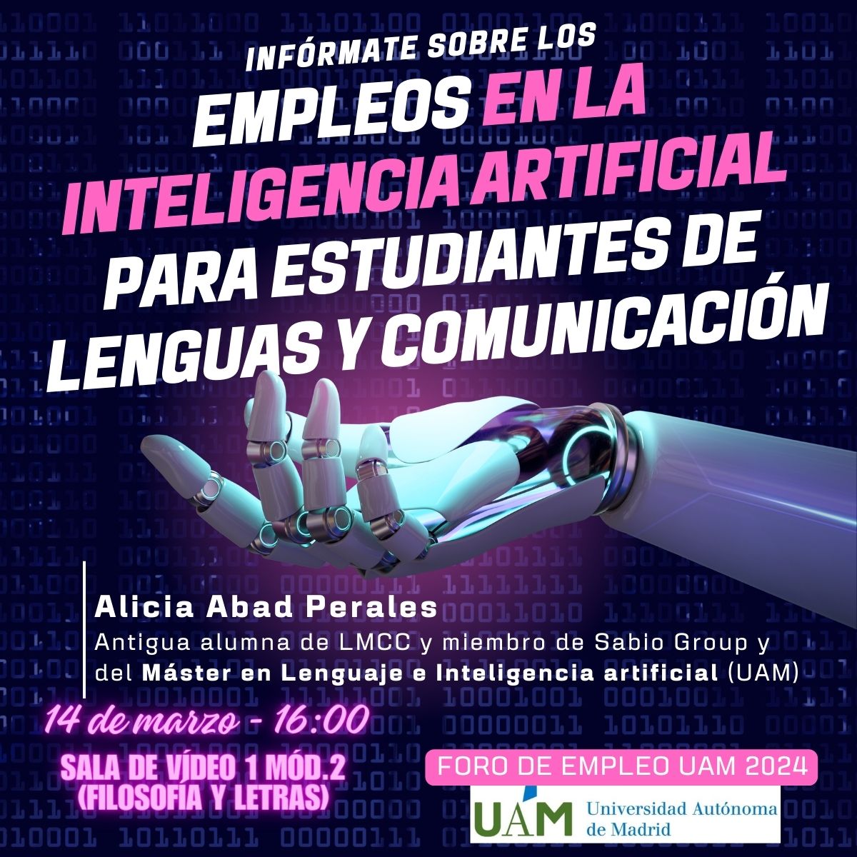 Cartel de la charla sobre Empleos en la inteligencia artificial para estudiantes de lenguas y comunicación